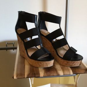 Steve Madden Black and Cork Wedges